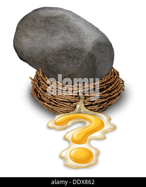 Financial impact concept as a nest egg disaster with a large boulder or rock that has fallen and crushed a retirement savings fund with the yolk pouring out in the shape of a question mark as a business symbol of investment risk. Stock Photo
