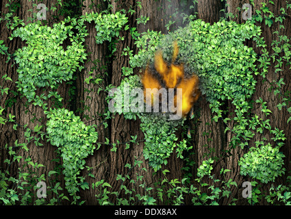 War in the Middle East concept as a forest of tall trees with a green vine growing shaped as the map of the world with the conflict zone burning with fire and smoke representing civil war revolution and political unrest. Stock Photo