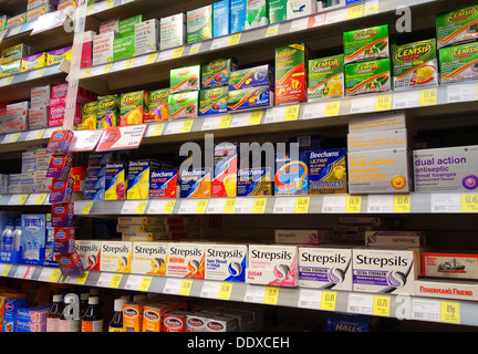 Cold and Flu relief medicines on sale in a UK supermarket Stock Photo