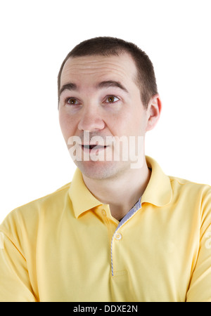 surprised man looking up on white background Stock Photo