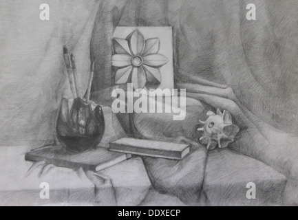 Still life with Crocket (Architectural Detail). It is a Pencil Drawing Stock Photo