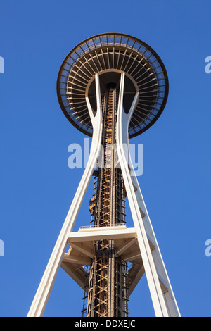 Space Needle against clear blue sky in Seattle, Washington