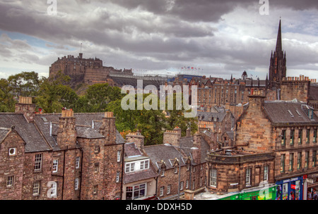 Moody wide view of Edinburgh Castle over the city centre, Scotland, UK EH1 Stock Photo
