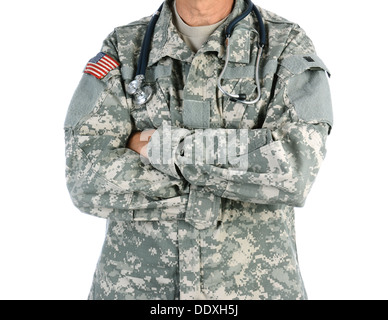 Closeup of a military doctor with a stethoscope around his neck. The man is wearing camouflage fatigues. Stock Photo