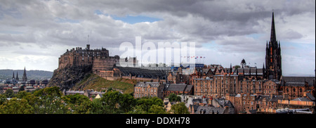 Moody panorama view of Edinburgh Castle over the city centre, Scotland, UK EH1 Stock Photo