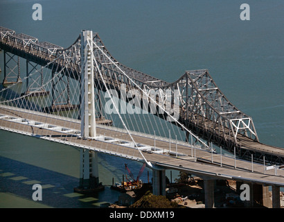 aerial photograph old and new eastern spans of San Francisco Oakland Bay Bridge Stock Photo