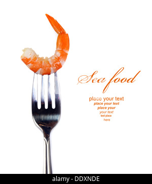 Shrimp on fork isolated with copyspace Stock Photo