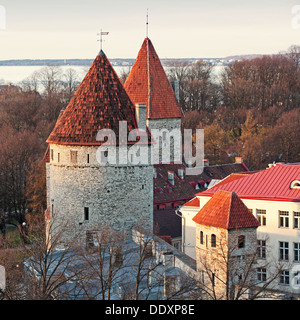 Towers with red roofs in old fortress of Tallinn, Estonia Stock Photo