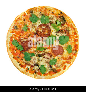 Fresh cooking pepperoni pizza with herbs isolated over white Stock Photo