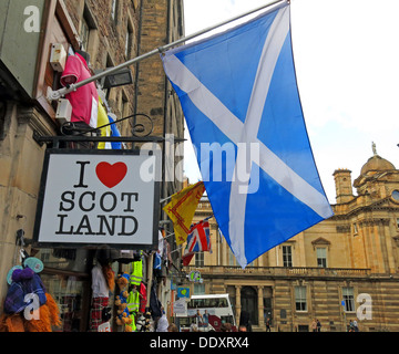 I love Scot Land shop Edinburgh Scotland UK with Scottish flag the saltire white cross on blue background