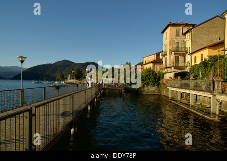 Promenade of Porto Ceresio on Lake Lugano or Lago di Lugano Stock Photo