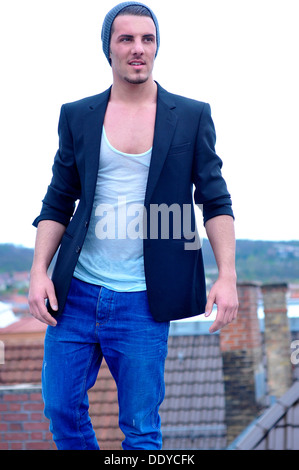 Young Italian man above the rooftops of Stuttgart, Baden-Wuerttemberg Stock Photo