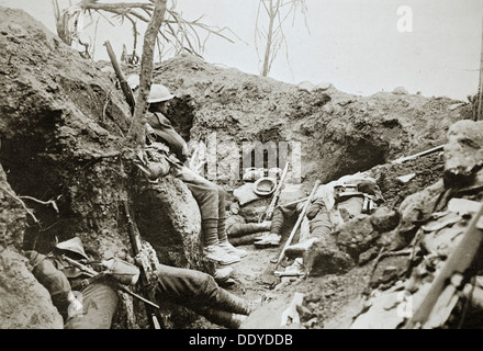 British troops resting in a captured German trench, Somme campaign, France, World War I, 1916. Artist: Unknown Stock Photo