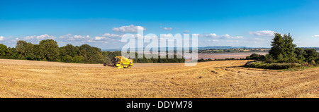 Panoramic image of combine harvester harvesting on the banks of the River Severn Stock Photo