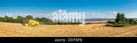 Panoramic image of combine harvester harvesting on the banks of the River Severn Stock Photo