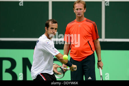 Prague, Czech Republic. 9th Sep, 2013. Czech tennis player Radek Stepanek (left) trains under the supervision of Petr Korda prior to the Davis Cup semifinal match Czech Republic vs Argentina in Prague, Czech Republic, September 9, 2013. Credit:  Michal Kamaryt/CTK Photo/Alamy Live News Stock Photo