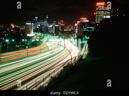 North Sydney and Bridge night scene, long exposure with traffic. Stock Photo