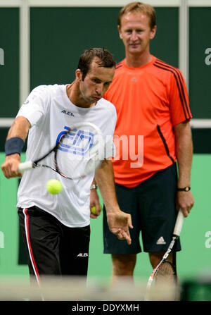 Prague, Czech Republic. 9th Sep, 2013. Czech tennis player Radek Stepanek (left) trains under the supervision of Petr Korda prior to the Davis Cup semifinal match Czech Republic vs Argentina in Prague, Czech Republic, September 9, 2013. Credit:  Michal Kamaryt/CTK Photo/Alamy Live News Stock Photo