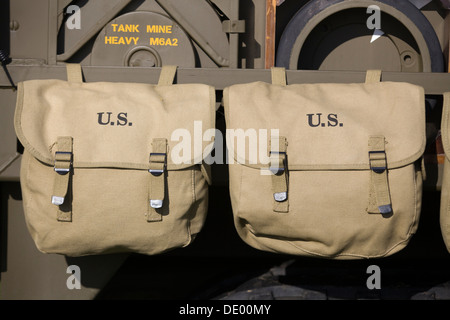 Vintage WW11 Us Military Field Gear Bags hanging on a Tank Stock Photo