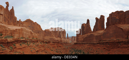 Panoramic scenic view of Courthouse Towers in Arches National Park in Utah at sunrise Stock Photo