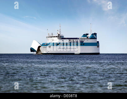 Ferry of the Langeland Trafikken with open bow visor on the way from Tårs to Spodsbjerg, Langeland, Denmark, Europe Stock Photo