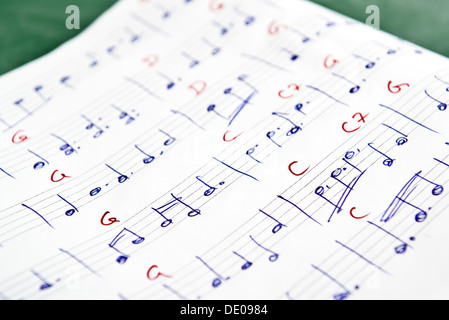 Musical notes in note book with guitar chords Stock Photo