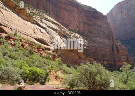 Sunny view, looking downstream, arch in brown sandstone cliffs rising above Scenic Drive road, Big Bend, Zion Canyon, Utah, USA Stock Photo