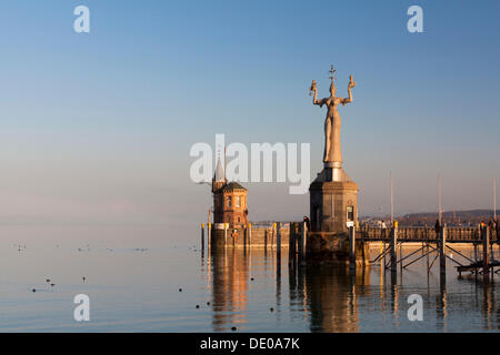 Harbour entrance of Constance, Konstanz, with the statue of Imperia in the evening light, Baden-Wuerttemberg, PublicGround Stock Photo