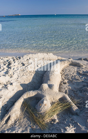 Mermaid on the sandy beach of Cala Brandinchi, sand sculpture, Mediterranean, Sardinia, Italy, Europe Stock Photo