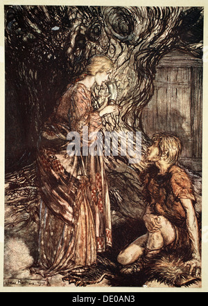 'This healing and honeyed draught of Mead deign to accept from me', 1910.  Artist: Arthur Rackham Stock Photo