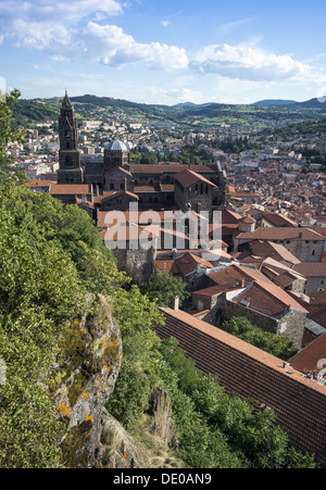 View from Corneille Rock towards the Cathedral of Notre Dame du Puy in Le Puy-en-Velay in Auvergne region of France Stock Photo