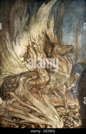 'Brunnhilde on Grane leaps on to the funeral pyre of Siegfried', 1924.  Artist: Arthur Rackham Stock Photo