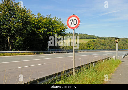 Traffic sign, 70 kmh speed limit, Speed limit enforcement, traffic control, country road, Talbruecke Ronnewinkel bridge, Olpe Stock Photo