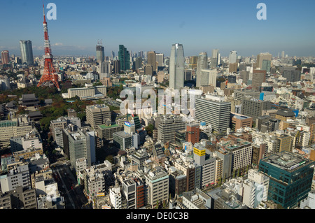 Cityscape of Tokyo showing the red Tokyo Tower, seen from the Observation Deck of the World Trade Center, Tokyo, Japan Stock Photo