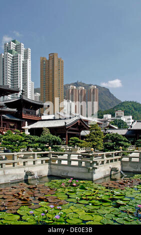 Chi Lin Nunnery, temple site, pagodas, skyscrapers at back, Hong Kong, China, Asia Stock Photo