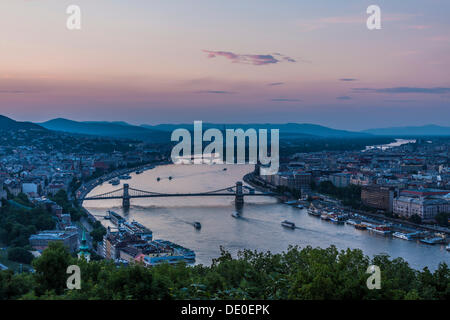 View from the Citadel to the Danube, Buda and Pest, bridges over the Danube, Chain Bridge at front, Margaret Bridge at back Stock Photo
