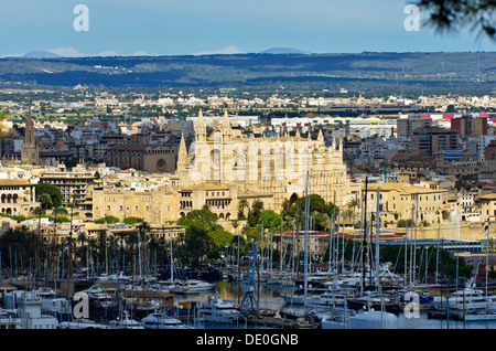 View from Bellver Castle on the old town with cathedral La Seu, Palma de Majorca, Majorca, Balearic Islands, Spain, Europe Stock Photo