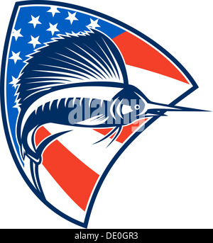 Illustration of a sailfish fish jumping with American stars and stripes flag in background set inside shield done in retro style. Stock Photo