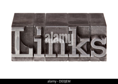 Old lead letters forming the word "Links" Stock Photo