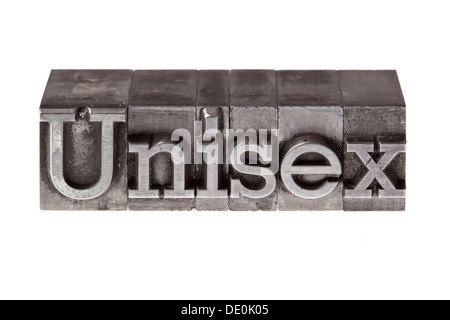 Old lead letters forming the word Unisex Stock Photo
