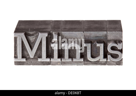 Old lead letters forming the word "Minus" Stock Photo