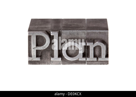 Old lead letters forming the word "Plan" Stock Photo