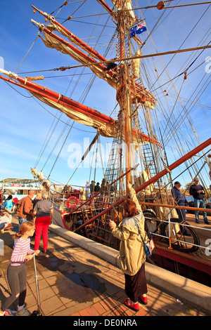 Dutch Tall Ships docked wharf Port River old sailing boats yachts historical replica replicas Port Adelaide South Australia Stock Photo