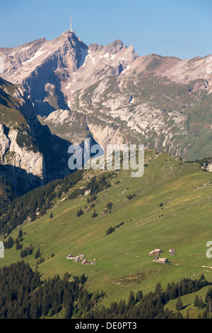 View of the Alpstein mountain group with Saentis mountain and Alpsiegel mountain as seen from Hoher Kasten mountain, Alpstein Stock Photo
