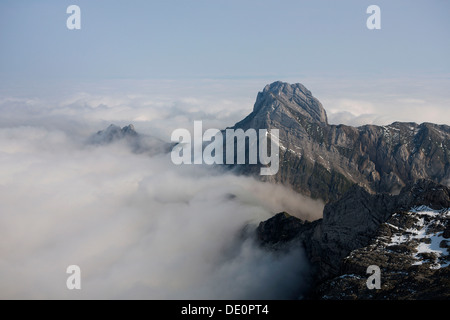 Low stratus as seen from Saentis mountain, view of Altmann mountain, Alpstein mountain group, Appenzell, Switzerland, Europe Stock Photo