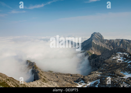 Low stratus as seen from Saentis mountain, view of Altmann mountain, Alpstein mountain group, Appenzell, Switzerland, Europe Stock Photo