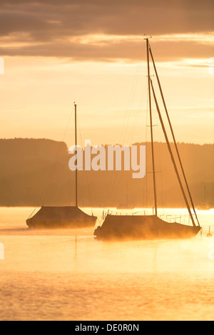 Early morning, boats on Lake Starnberg near Seeshaupt, Bavaria, PublicGround Stock Photo