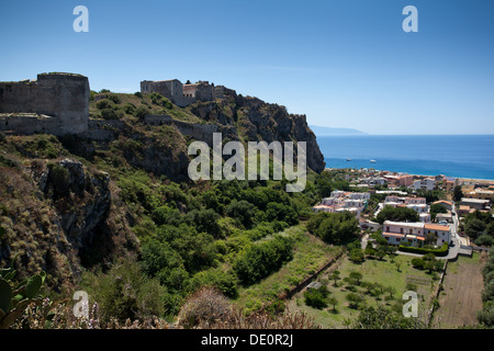 View of the Castle, Old Cathedral, Ancient 'Borgo'in Milazzo in the Province of Messina, Sicily. Stock Photo