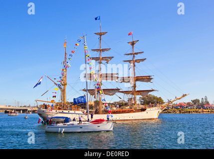 Dutch Tall Ships docked wharf Port River old sailing boat Europa historical replica replicas Port Adelaide South Australia Stock Photo