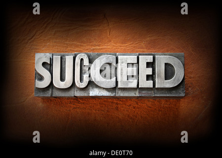 The word succeed made from vintage lead letterpress type on a leather background. Stock Photo
